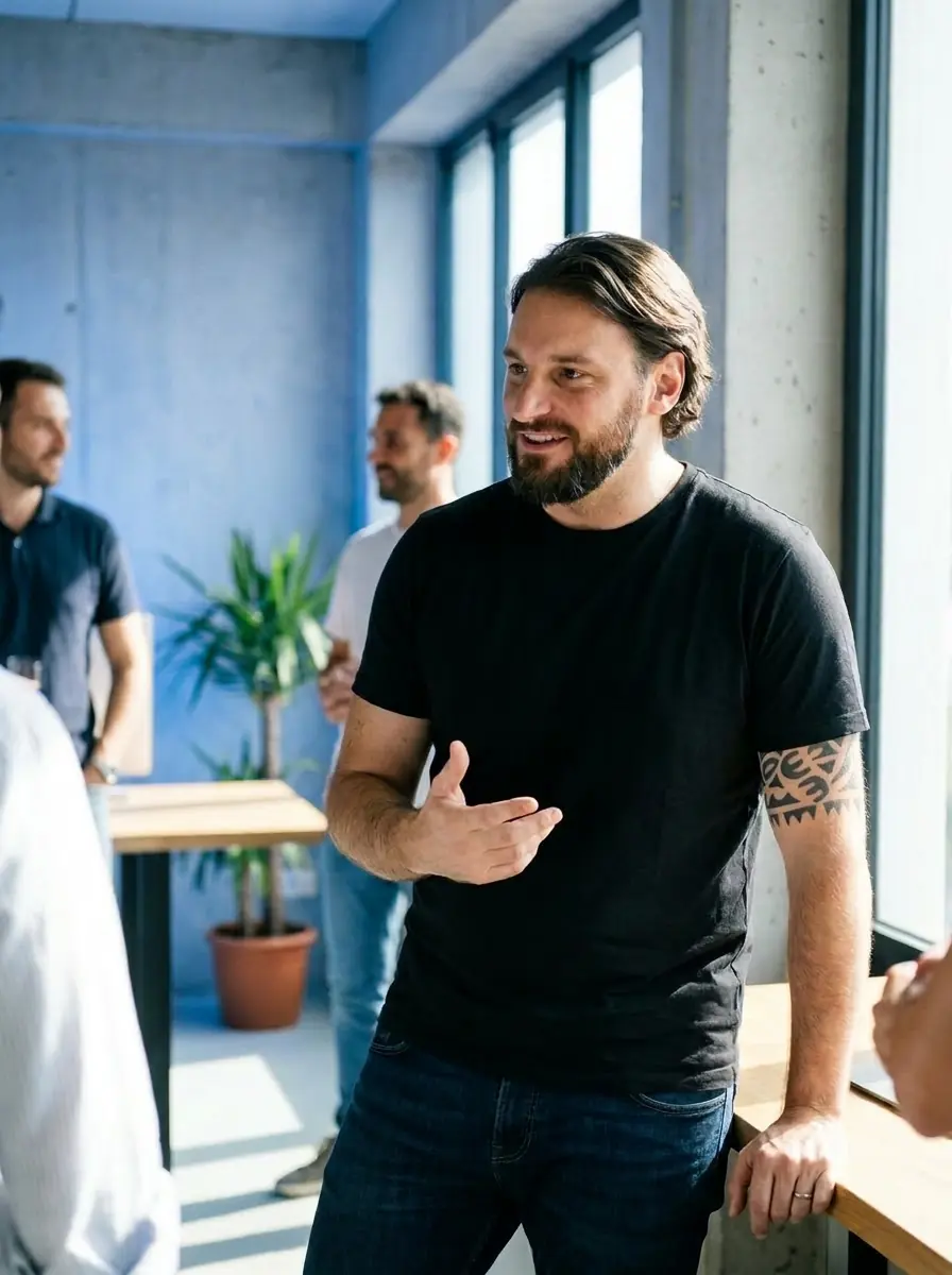 Alessio Vinassa in conversation with collaborators in a bright office