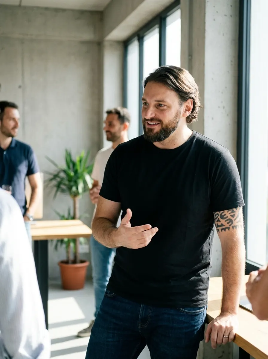 Alessio Vinassa speaking with collaborators in a bright office