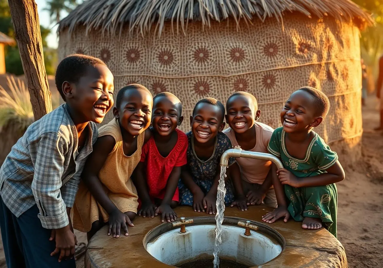 Children near a clean water well in a village